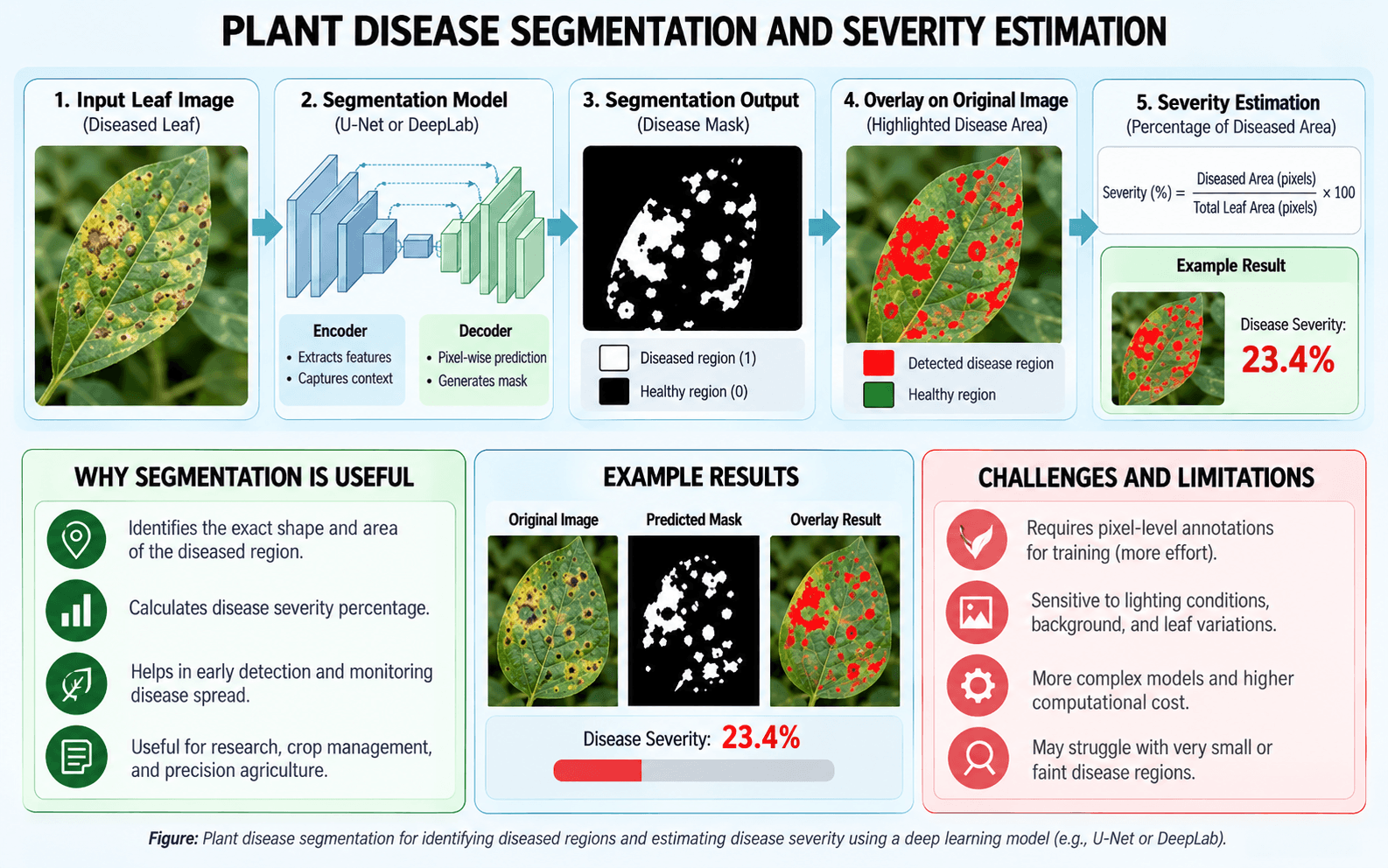 Plant disease segmentation and severity estimation showing pixel-level masks and percentage calculation